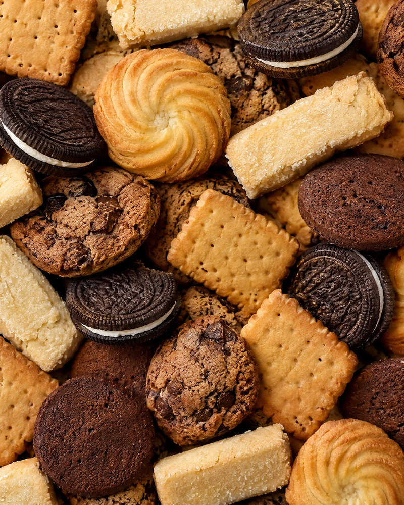 Assortment of soft dough biscuits: cookies, shortbread, swirls and cream sandwiches