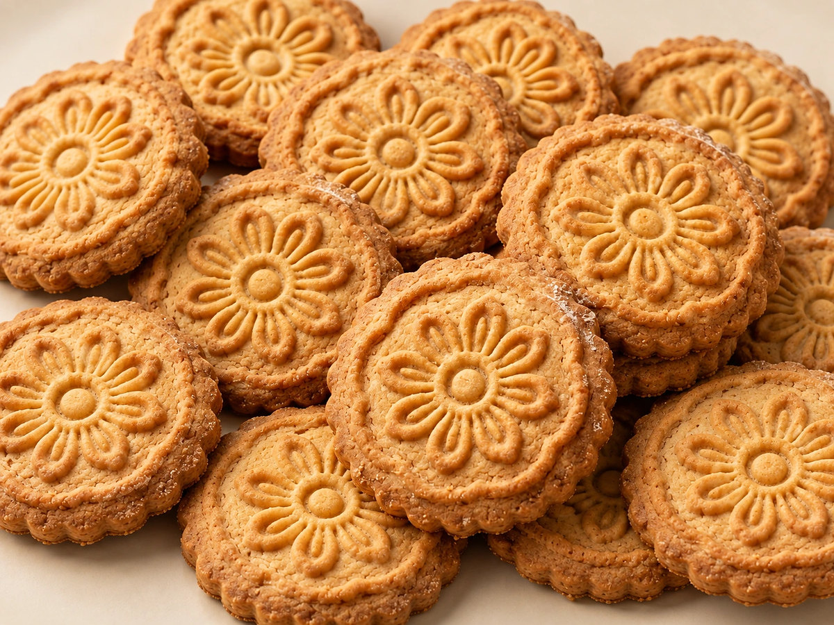 Round butter biscuits with an embossed flower pattern