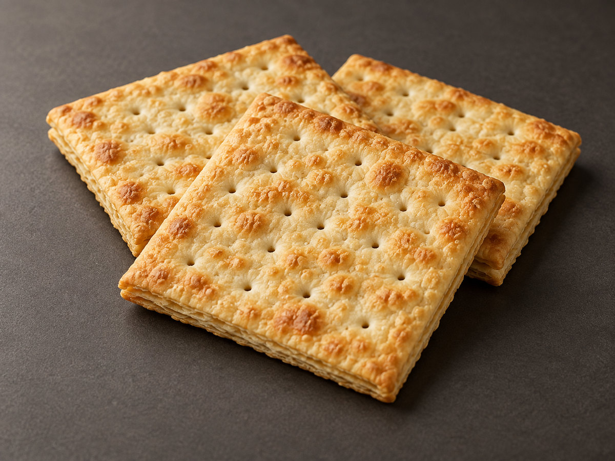 Three square laminated cream crackers with blistered surfaces and visible layers