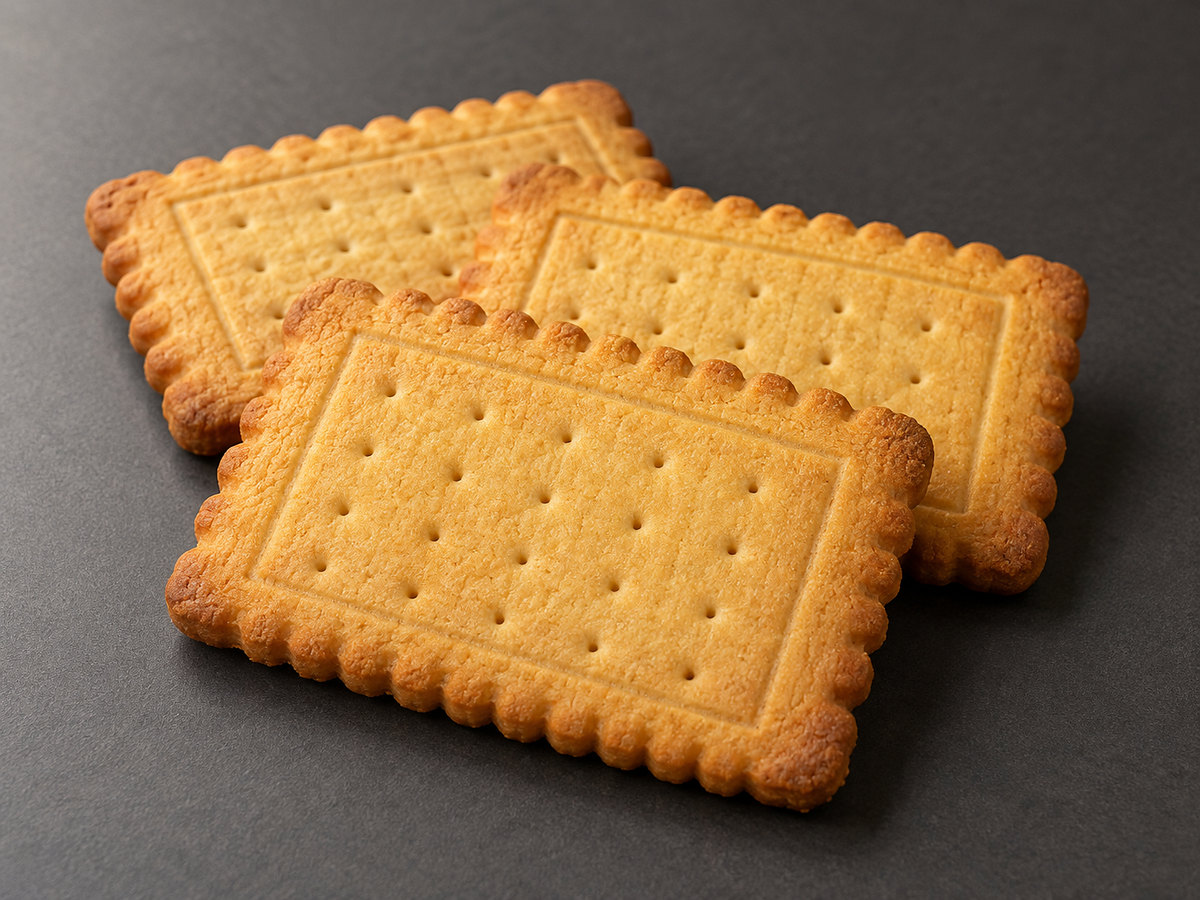 Three rectangular hard-sweet biscuits with scalloped edges and docking holes