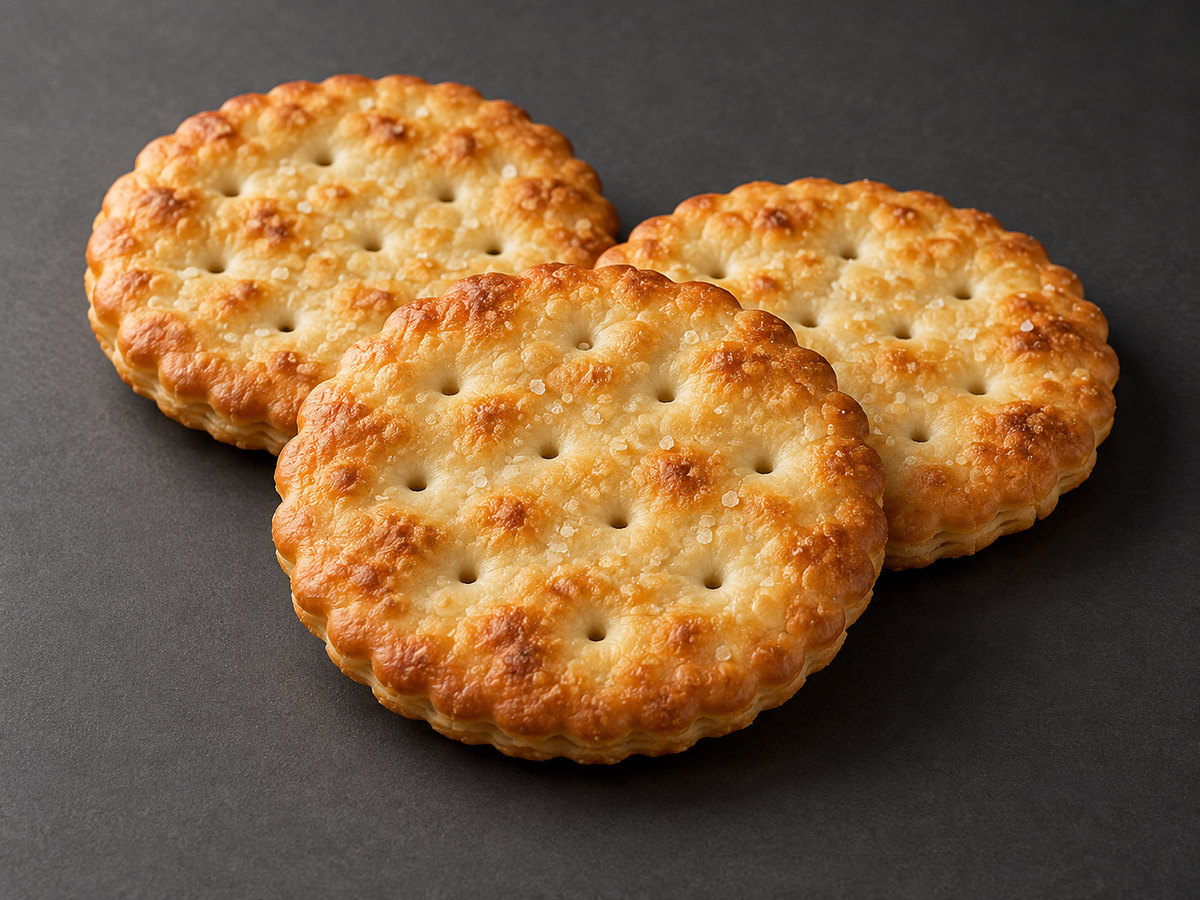Three round savoury crackers with salt crystals, docking holes and toasted blisters