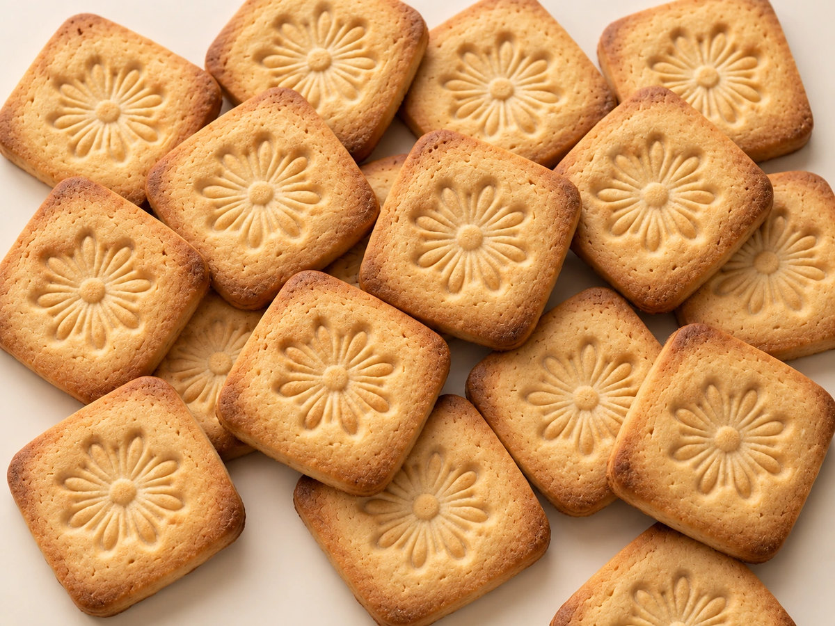 Square moulded biscuits with floral relief