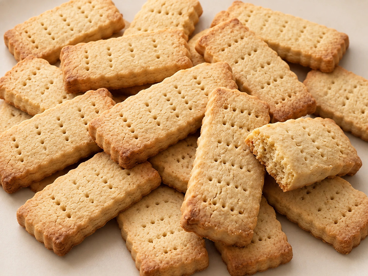 Rectangular docked shortbread biscuits